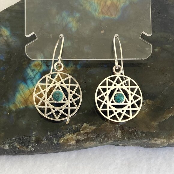 Sterling Silver Openwork Round Mandala Trinity Star Chrysocolla Dangle Earrings - Picture 3 of 16